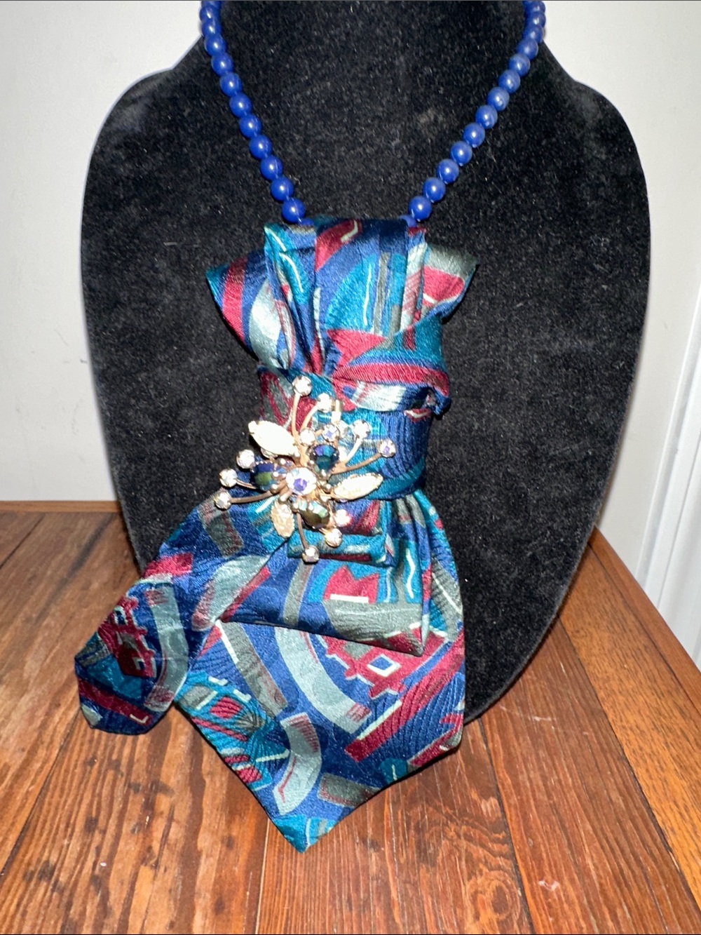 Blue Multicolor Silk Tie with Vintage Brooch on dark blue bead Necklace